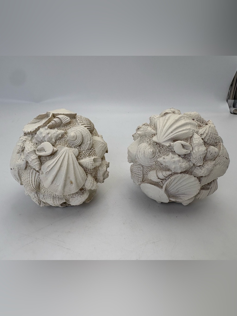 Cream Resin “Seashell” Decorative Spheres - Coastal Home Art Pair
